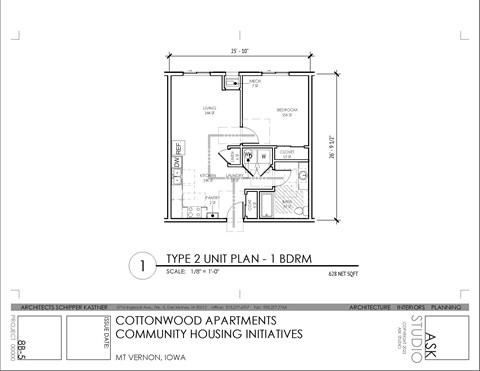 A drawing of a Type 2 Unit Plan for a 628 square foot apartment.